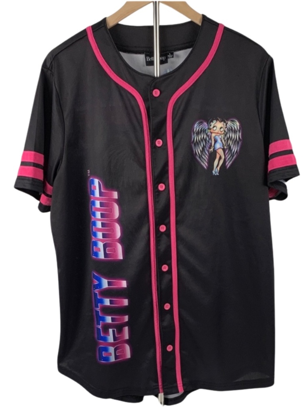 Betty Boop Black Shirt with Pink Trim and Graphic Print Women's Size L 90s Retro